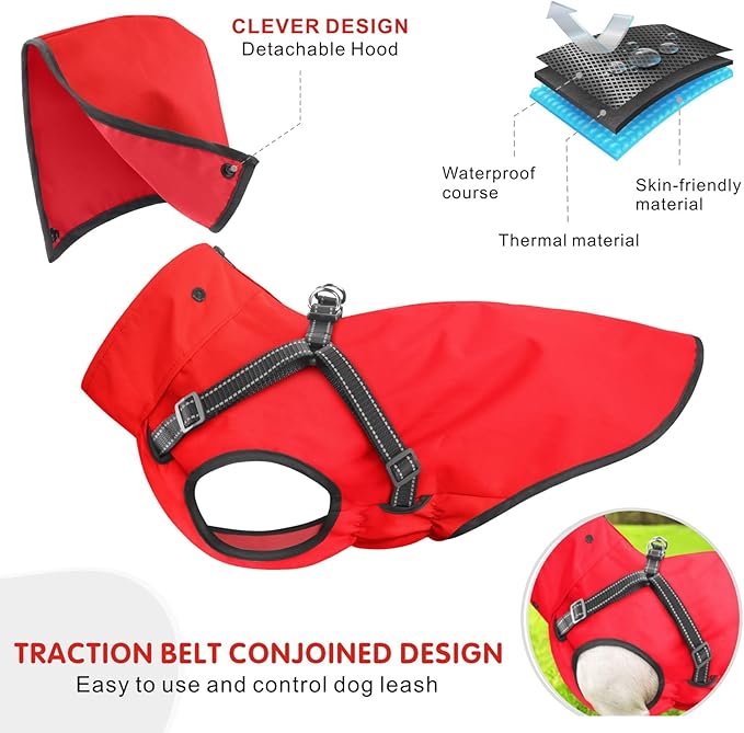 Mosucoirl Dog Raincoat Waterproof Dog Hoodie Reflective Dog Raincoat Hooded Adjustable Rain Jacket for Small Medium Large Dogs Puppies (Red, L)