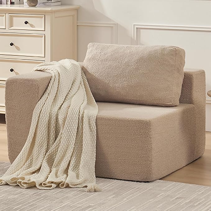 40" Single Sofa for Adults, Upholstered Floor Sofa Couch with Pillow, Teddy Boucle Sofa for Bedroom Living Room, No Assembly Required (Teddy Boucle, Camel)