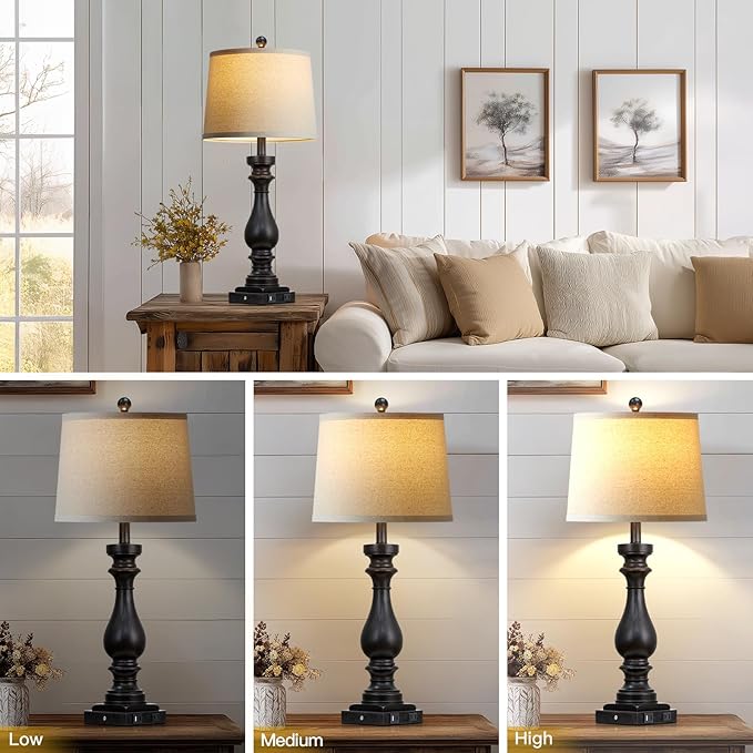 29" Tall Vintage Table Lamps Set of 2,Black Farmhouse Bedside Lamps with USB C+A Ports & AC Outlet,3-Way Dimmable Touch Lamp for Night Stands Living Room Bedroom,Black