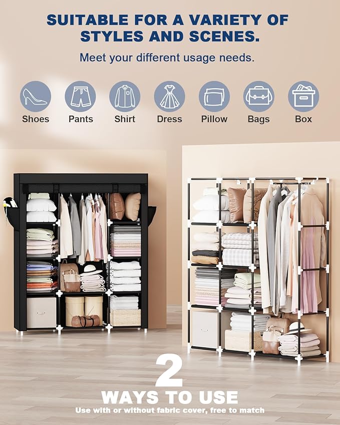 Mavivegue Portable Closet, Wardrobe Closet Organizer with Cover, 3 Hanging Rods and Shelves,Large Capacity for Bedroom, Living Room (Black, 59" W x 18" D x 64" H)