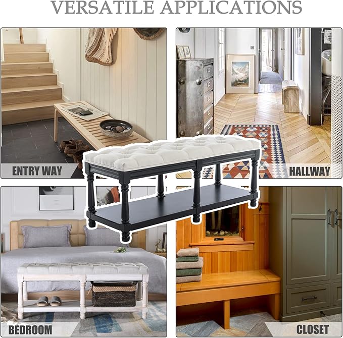 Kmax Storage Entryway Bench Tufted Shoe Rack Bench Black Wood Window Bench for Hallway Entrance Bedroom Corner, Beige
