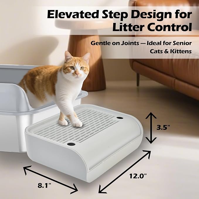 SpaceTime Waterproof Elevated Cat Litter Trapping Mat for Litter Box,Cat Ramp/Step Double-Layer Litter Catcher Pad with Filter Function for Floor,Easy to Clean,Ideal for Kitten & Senior Cats(Grey)