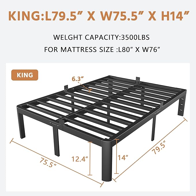 King Bed Frame Black, 14 Inch Metal King Size Bed Frame No Box Spring Needed, DIY Headboard Holes, Heavy Duty Steel Support 3500 LBS, Noiseless, Round Corner Legs, Storage Space, Easy Assembly