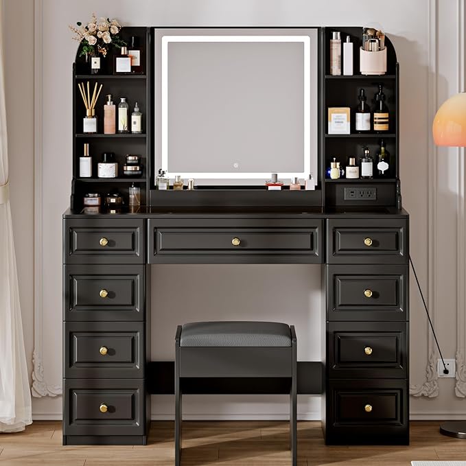 43" Makeup Vanity Desk with Mirror and Lights, & Power Outl, Glass Top Big Vanity Table with 9 Drawers& 8 Storage Shelves, Dressing Table Set with Chair for Bedroom, Black