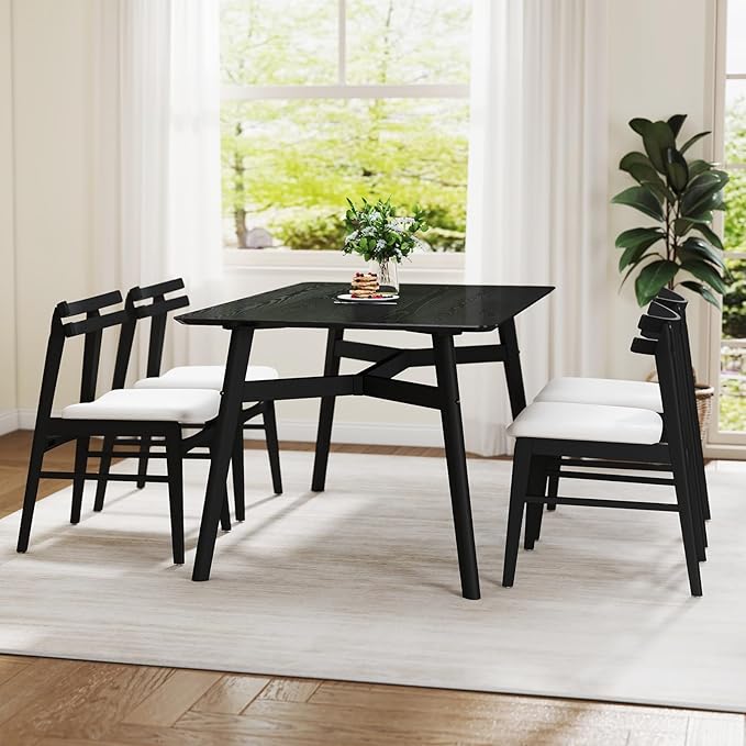 VESCASA 5-Piece Dining Set, 59" L Black Rectangle Wood Dining Table with 4 Curved Back Chenille Beige Wood Dining Chairs for Dining Room, Kitchen, Restaurant, Dining Set for 4