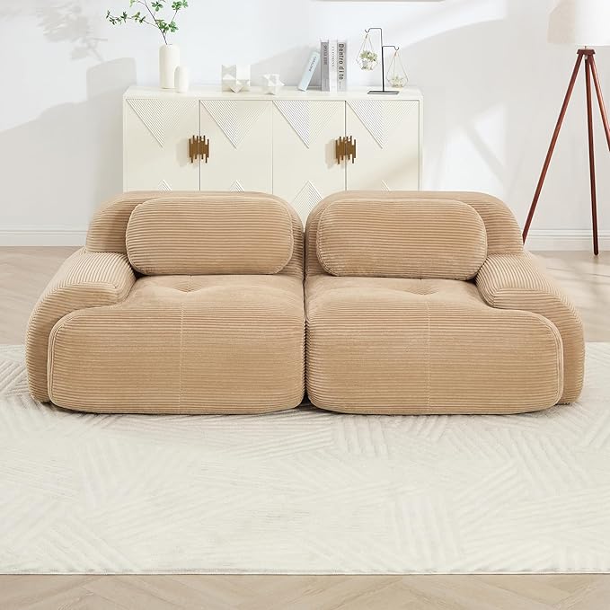 80" Modern Compressed Boneless Love Seat Couches, 2 Seater Large Sectional Couches for Living Room, Camel Corduroy Cloud Modular Sectional Sofa, Memory Foam, Extra Deep Loveseat, No Assembly