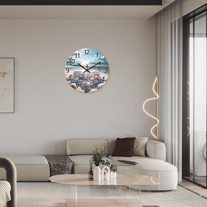 XNM 24 Inch Blue Sea Shell Office Wall Clock Modern Glass Large Wall Clocks Battery Operated Nautical Silent Clock for Wall