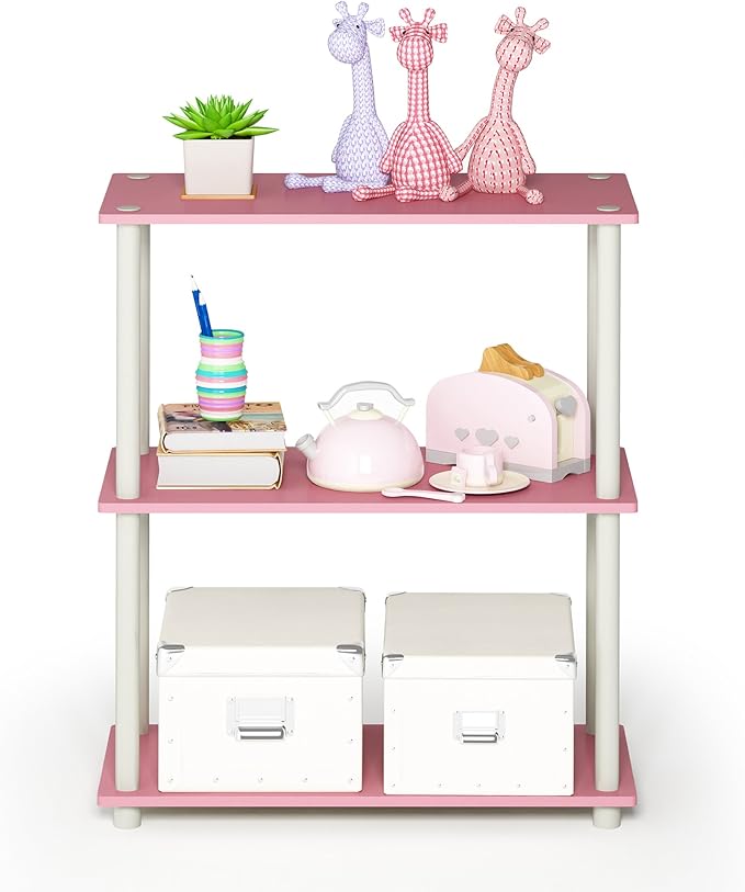 Furinno TURN-N-TUBE Storage Shelves, 3-Tier Book Shelf, Corner Shelf, Toolless Open Shelves, for Organization and Storage, Living Room, Garage, Home Office, Pink