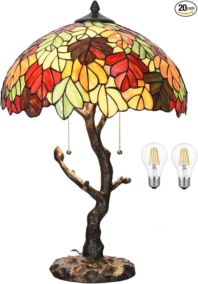 TL0032 Maple Leaves Tiffany Table Lamp Bedside Stained Glass Shade Reading Desk Light 16 X 24.25 Inches for Bedroom Living Room Home Office, LED Blubs Included (TL0032 Maple Leaves)