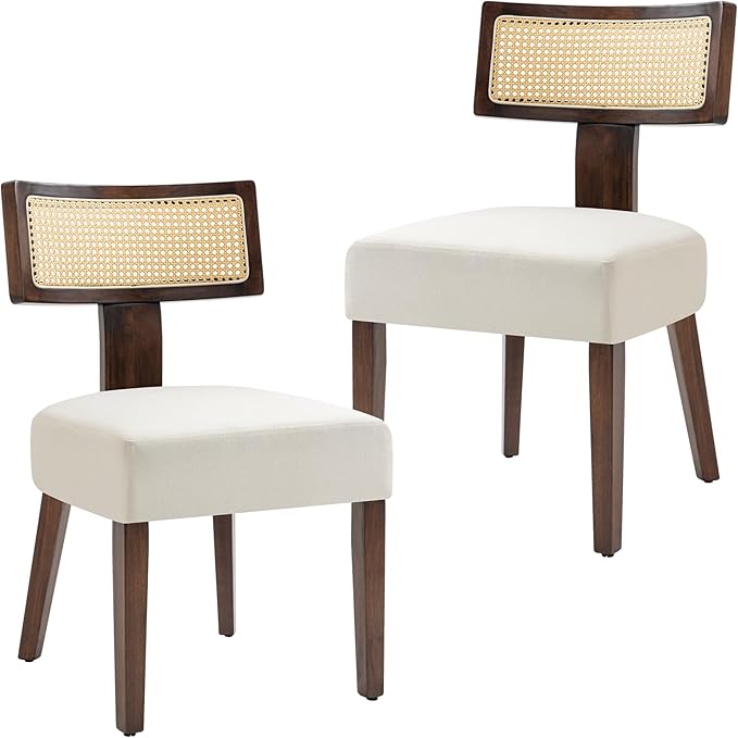 Upholstered Rattan Dining Chairs Set of 2, Mid-Century Modern Fabric Dining Room Chairs with Brown Hardwood Frame, Curved Backrest Kitchen Chair Armless Accent Chairs for Living Room (Cream)