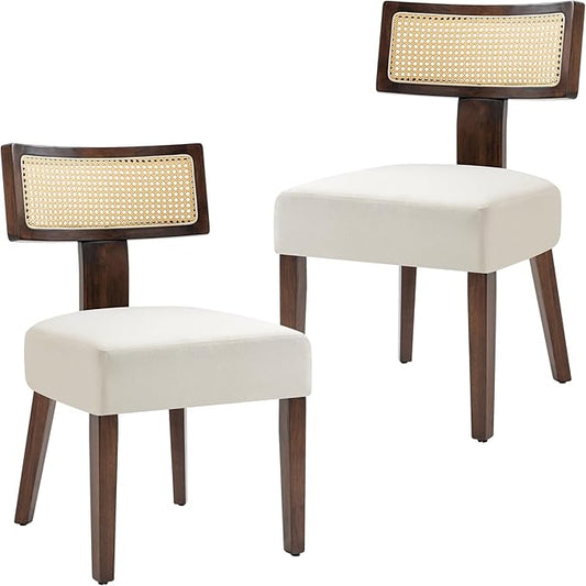 Upholstered Rattan Dining Chairs Set of 2, Mid-Century Modern Fabric Dining Room Chairs with Brown Hardwood Frame, Curved Backrest Kitchen Chair Armless Accent Chairs for Living Room (Cream)