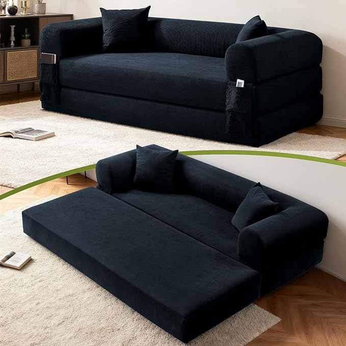 80" Convertible Sofa Bed,Folding Pull Out Couch with Pillows & Storage Pocket,Modular Corduroy Queen Sleeper Sofa in a Box,No Assembly Boneless Couch for Living Room,Deep Blue