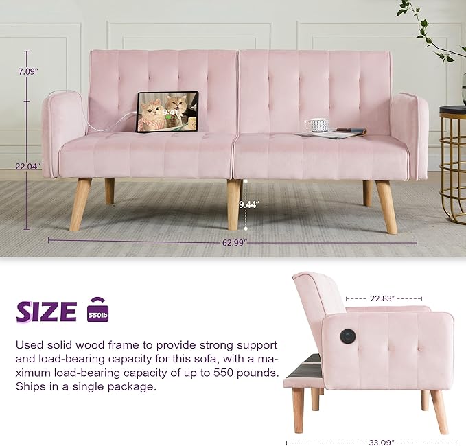 TYBOATLE 65" W Velvet Modern Convertible Folding Futon Couch Sofa Bed w/ 2 USB Charging Ports and arms, Loveseat for Compact Living Space, Dorm, Game Studio, Bonus Room, Apartment, Bedroom (Pink)