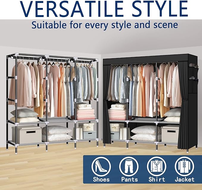 LOKEME Portable Wardrobe, 61-Inch with 3 Hanging Rods and 6 Storage Shelves, Non-Woven Fabric, Stable and Easy Assembly Black Portable Closets for Hanging Clothes with Side Pockets