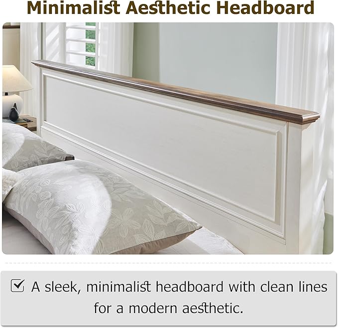 T4TREAM Farmhouse Queen Bed with Headboard and Storage Bench, Rustic Wood Platform Bed with 64" Storage Chest w/ 4 Large Drawer (Antique White)