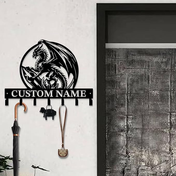 Customized Name Key Hook - Evil Dragon Design Keys Holder Decor Black Iron Metal Wall Organizer for Home & Office (Multiple Sizes) (Style B)