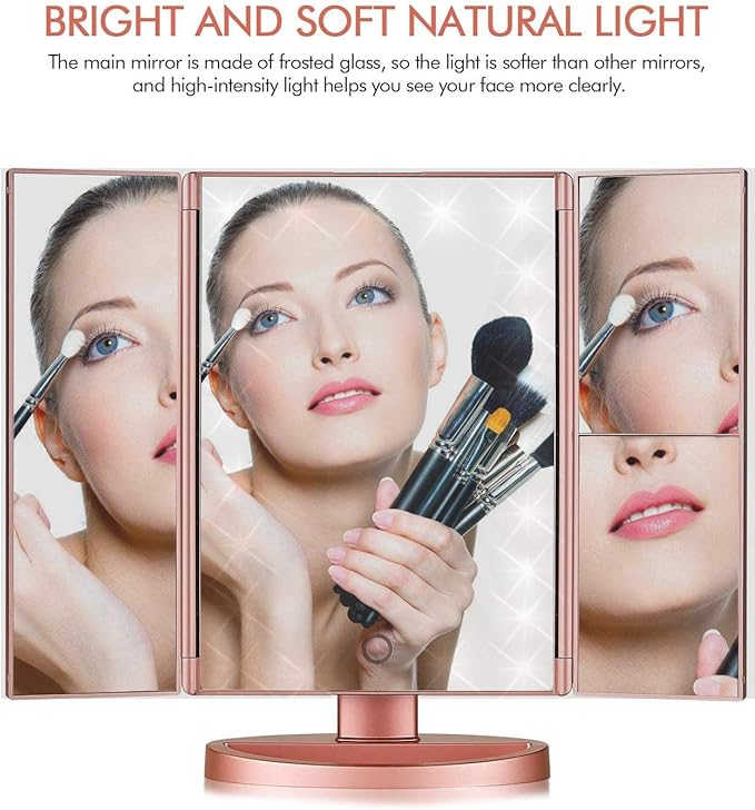 Trifold Makeup Mirror Vanity Mirror with Lights,1X 2X 3X Magnification,Touch Screen,180 Adjustable Rotation,Portable Travel Bathroom Cosmetic Mirror