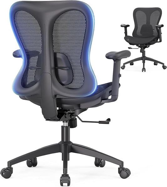 Ergonomic Office Desk Chair, Comfortable Computer Gaming Chair, Breathable Mesh Back & Seat, Adjustable Armrest, Lumbar Support, Butterfly Design for Home Office (Black)