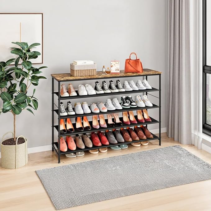 Shoe Rack Organizer 5 Tier Long Metal Organizer Shelf with Industrial MDF Board and Layer Fabric for Entryway Closet Bedroom Living Room Garage,Black & Rustic Brown