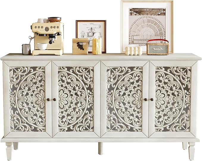 Retro 60'' Large Storage Cabinet Sideboard with 4 Hollow-Carved Doors and Adjustable Shelves, Acacia Wood Vintage Entryway Console Table TV Stand for Living Room Dining Room (Antique White-LK)
