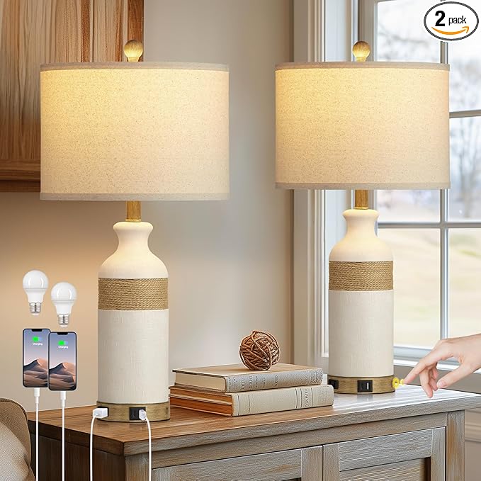 Boho Rattan Table Lamps for Bedroom Nightstand 26" Farmhouse Bedside lamp Set of 2 with USB C+A Ports & AC Outlet,3-Way Dimmable Touch Control Vintage Lamps for Living Room(Include Bulbs)