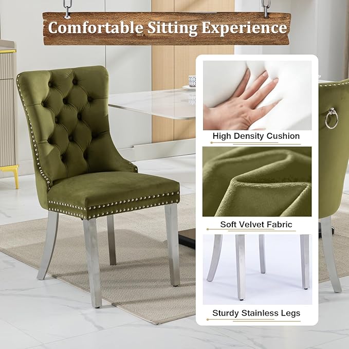 Goujxcy Glass Dining Table Set for 4, Modern Kitchen Table and Chairs Set of 4, 5-Piece Kitchen Dining Room Table Set w/61 Glass Silver Dining Table and 4 Green Velvet Upholstered Chairs