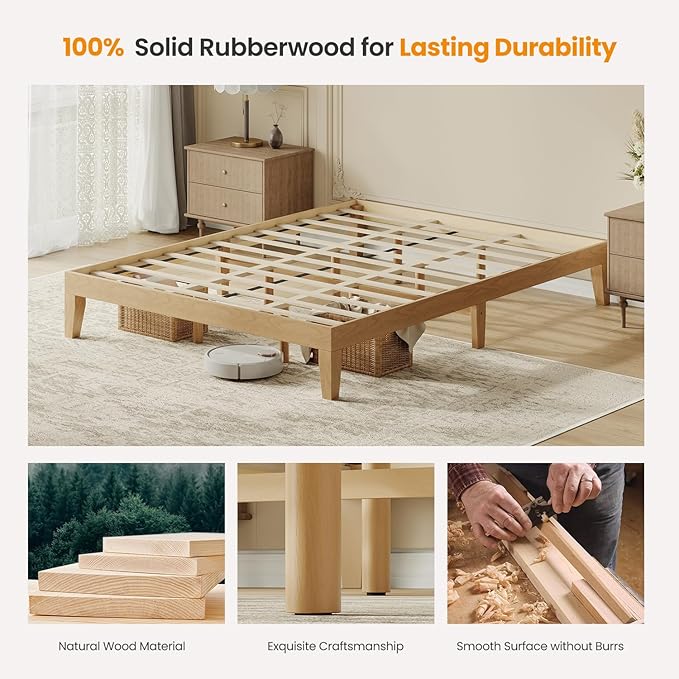 Queen Size Wood Platform Bed Frame, 12 Inch Solid Wood Bed Frame with Wooden Slats, No Box Spring Needed, Easy Assembly, Rustic Pine