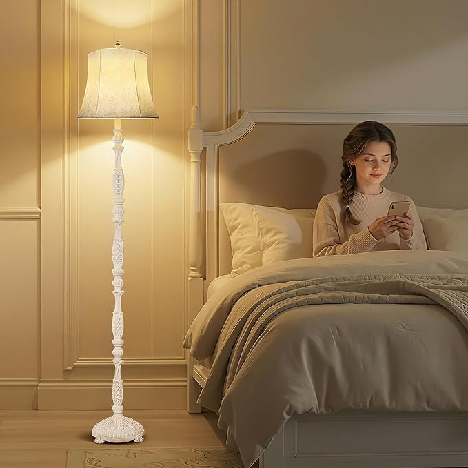 Scenekoy Rustic 66” Wash White Floor Lamp for Living Room Bedroom, Resin Carved Standing Lamp with Faux Leather Shade, Adjustable Bulb, Rotary Switch Rustic Lamp Decor for Home Room Office