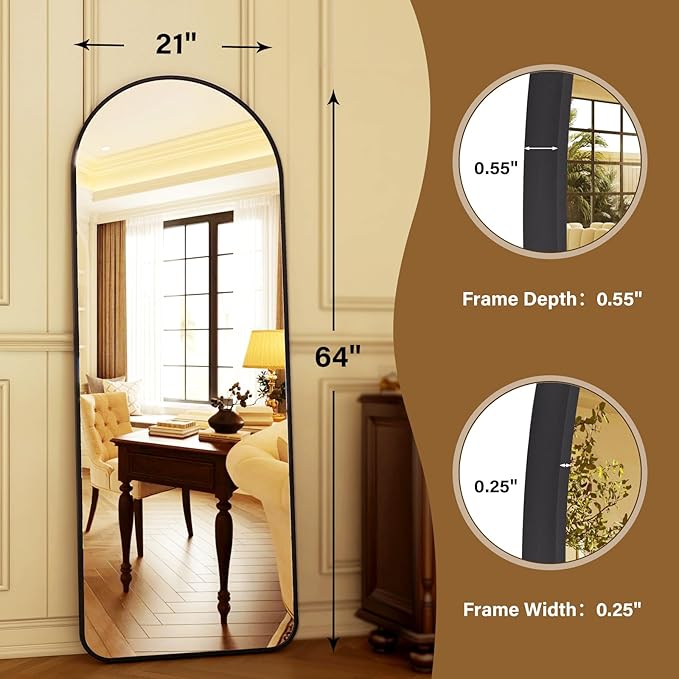 HARRITPURE 64"x21" Arched Full Length Mirror Floor Mirrors with Aluminum Alloy Frame Free-Standing Wall Mounted or Leaning Large Bedroom Dressing Mirror Modern & Contemporary Decor for Home,Black