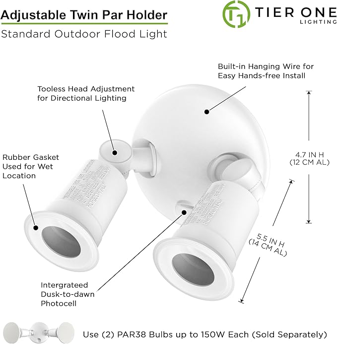 Two Head Par Light Holder with Dusk to Dawn Photocell UL Listed Outdoor Flood Light For Safety & Security 120V Twin Par Holder Use 2 PAR38 Bulbs up to 150W Each (Bulb sold separately) 1 Pack White