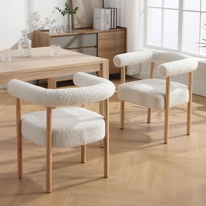 Mid-Century Modern Dining Chairs Set of 2 Armrest Barrel Dining Chairs Side Chairs with Curved Back, Upholstered Wood Armchairs for Kitchen, Sherpa White
