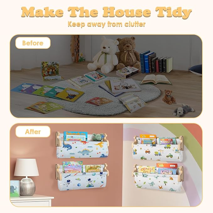 Floating Book Shelves for Wall Set of 4 Wood Nursery Bookshelves for Kids Room 16.9 Inch Kids Bookshelf for Books Toys and Decor,Wall Mounted Storage for Baby Boys Girls Bedroom Living Room