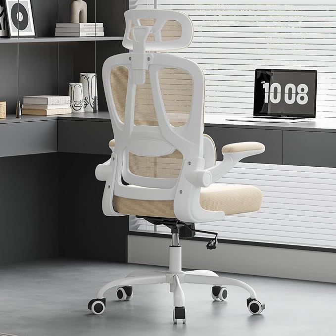 Farini Ergonomic Office Chair, Desk Chair with Headrest and Lumbar Support, High Back Swivel Home Office Chair with Headrest for Home Office Bedroom, Gifts, White & Khaki