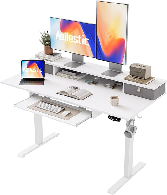Agilestic Electric Standing Desk with 2 Drawers and Keyboard Tray, 48 x 23 Inches Ergonomic Adjustable Height Desk with Storage, Sit Stand Computer Workstation, White