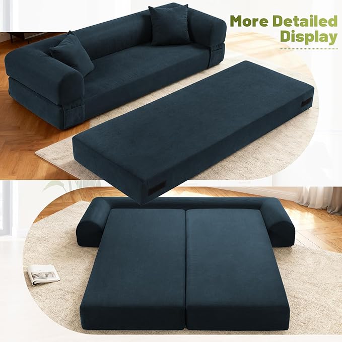 80" Convertible Sofa Bed,Folding Pull Out Couch with Pillows & Storage Pocket,Modular Corduroy Queen Sleeper Sofa in a Box,No Assembly Boneless Couch for Living Room,Navy Blue