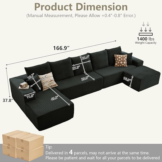 166.9" L-Shape Sofa with Ottoman, Modern Modular Sectional Comfy U-Shape Cloud Couch, Deep Seat, Upholstered Corduroy Sleeper Chaise Longue for Living Room Bedroom, No Assembly Required, Black