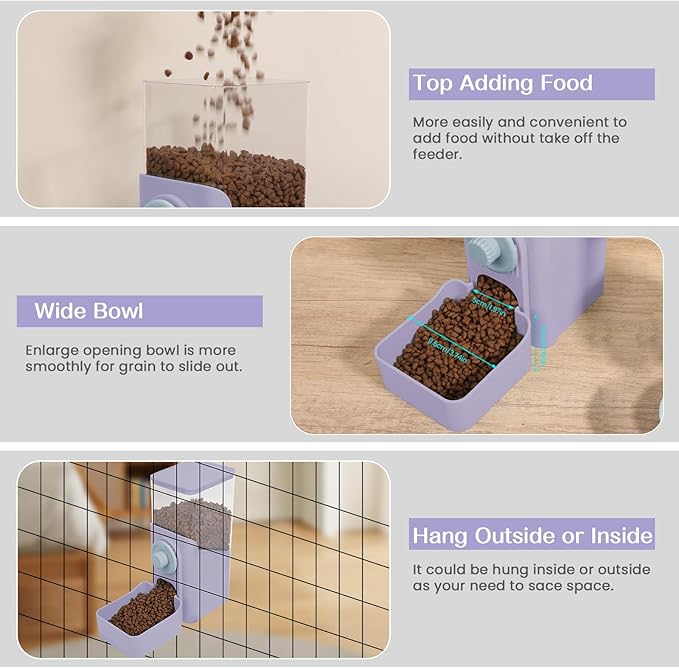 Hanging Automatic Pet Food Dispenser, Auto Gravity Rabbit Ferret Bunny Hedgehog Feeder Dispenser, Cat Dog Food Bowl for Cage Hanging (Purple)