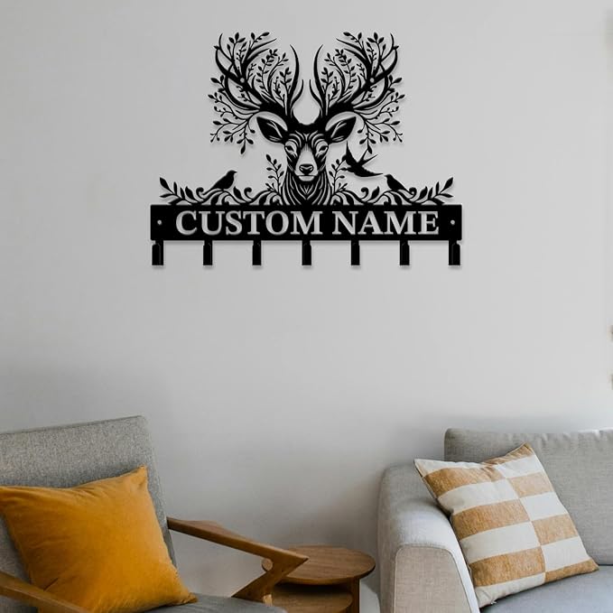 Personalized Custom Name Forest Deer Wall Keys Hooks,Metal Forest Deer Art Clothes Hooks,Metal Forest Deer Wall Home Storage Decorative,For Front Door, Hallway, Kitchen, Bedroom,Keys,Hats (Style K)