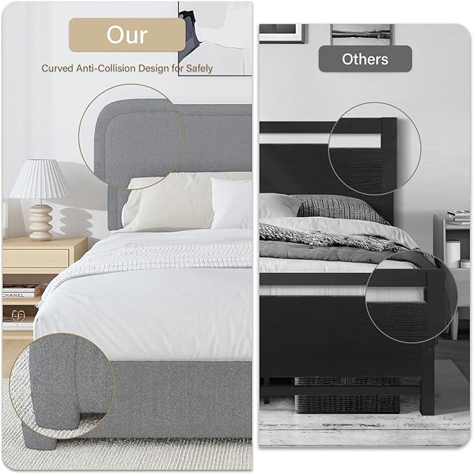 BarnFurin Full Size Bed Frame with Headboard, Boucle Upholstered Platform Bed Frame, Modern Style, Soft Rounded Corners, No Box Spring Required, Easy Assembly, Light Grey