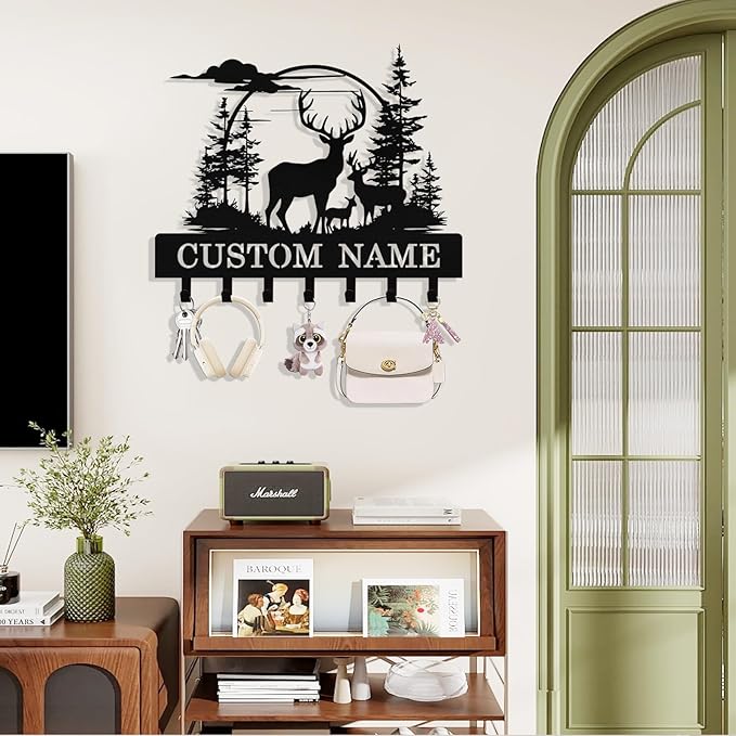 Personalized Key Holder Wall Mount, Custom Deer Metal Keys Holder for Wall with Name, Wall Key Hanger Rack with Hooks for Entryway, Front Door, Living Room, Kitchen, Bathroom, Garden