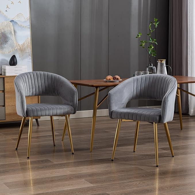 Modern Velvet Dining Chairs Set of 6, Upholstered Gold Dining Room Chairs with Hollow Back and Gold Legs, Accent Armrest Kitchen Chairs for Living Room Reception Grey
