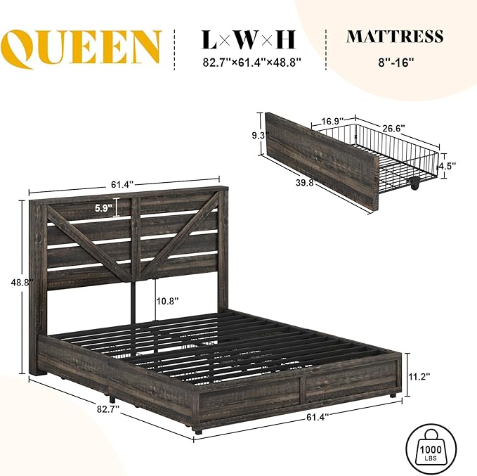 AMERLIFE Queen Size Farmhouse Bed Frame with 4 Drawers, Wooden Storage Bed Frame with Headboard and Heavy Duty Metal Slats, Noisy Free, Easy Assemble, Rustic Black