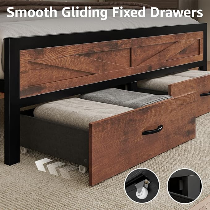 Rustic King Size Bed Frame with Storage Drawers and Barn Door Headboard, Farmhouse LED King Bed Frame with Charging Station, Metal Industrial Platform Bed Frames, No Box Spring Needed, Brown