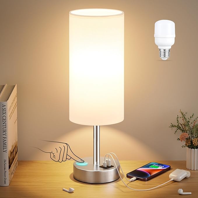 Dicoool White Touch Bedside Lamp with USB - 3 Way Dimmable Table Lamp for Bedroom, Nightstand Lamp with Nickel Charging Station and Silver LampHolder for Dorm Kids Room, Small
