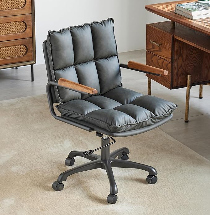 Home Office Desk Chair, Ergonomic Computer Chair with Wheels and Oak Arms, Adjustable Height Rolling Swivel Executive Task Armrests Chair, Charcoal Gray