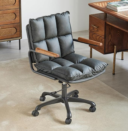 Home Office Desk Chair, Ergonomic Computer Chair with Wheels and Oak Arms, Adjustable Height Rolling Swivel Executive Task Armrests Chair, Charcoal Gray