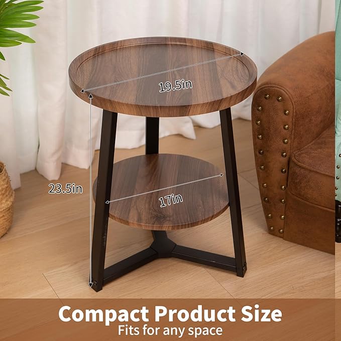 Side Table, 2-Tier Round End Table for Living Room, Small Nightstand Wooden Bedside Tables with Storage Shelf, 19.5-Inch Circle Accent Table for Bedroom, Office, Apartment (Walnut)