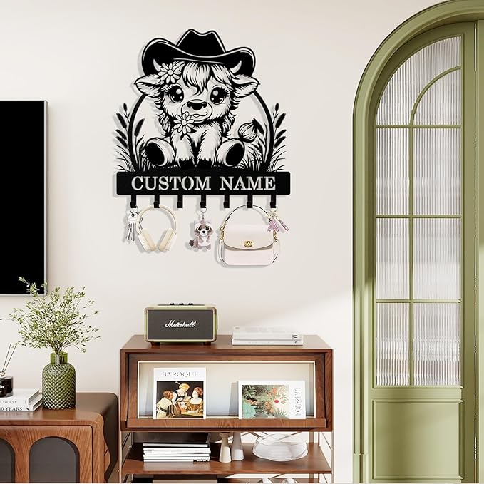 Personalized Key Holder Wall Mount, Custom Metal Highland Cow Keys Holder for Wall with Name, Wall Key Hanger Rack with Hooks for Entryway, Front Door, Living Room, Kitchen, Bathroom, Garden