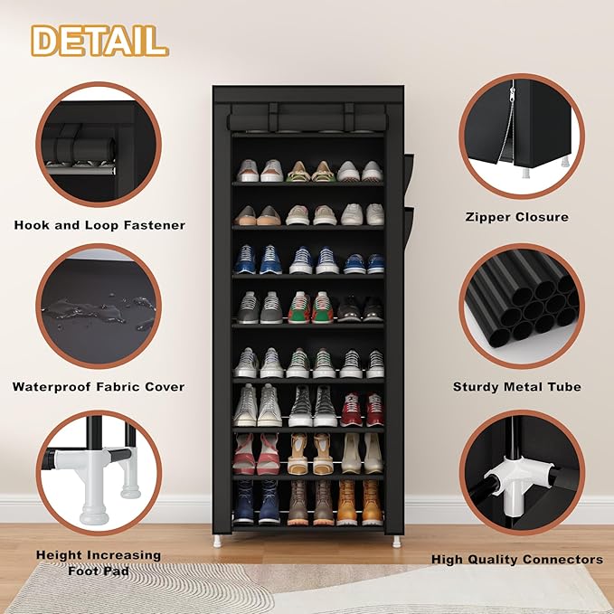 Calmootey 9 Tier Shoe Rack Organizer,Portable Shoe Shelf with Nonwoven Fabric Cover for Closet Hallway,Bedroom,Entryway,Black