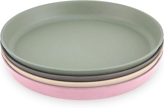 WeeSprout Bamboo Plates, Set of 4, Kid-Sized Dinnerware, Dishwasher Safe Melamine Dishware (Pink, Green, Gray, & Beige, Without Lids)